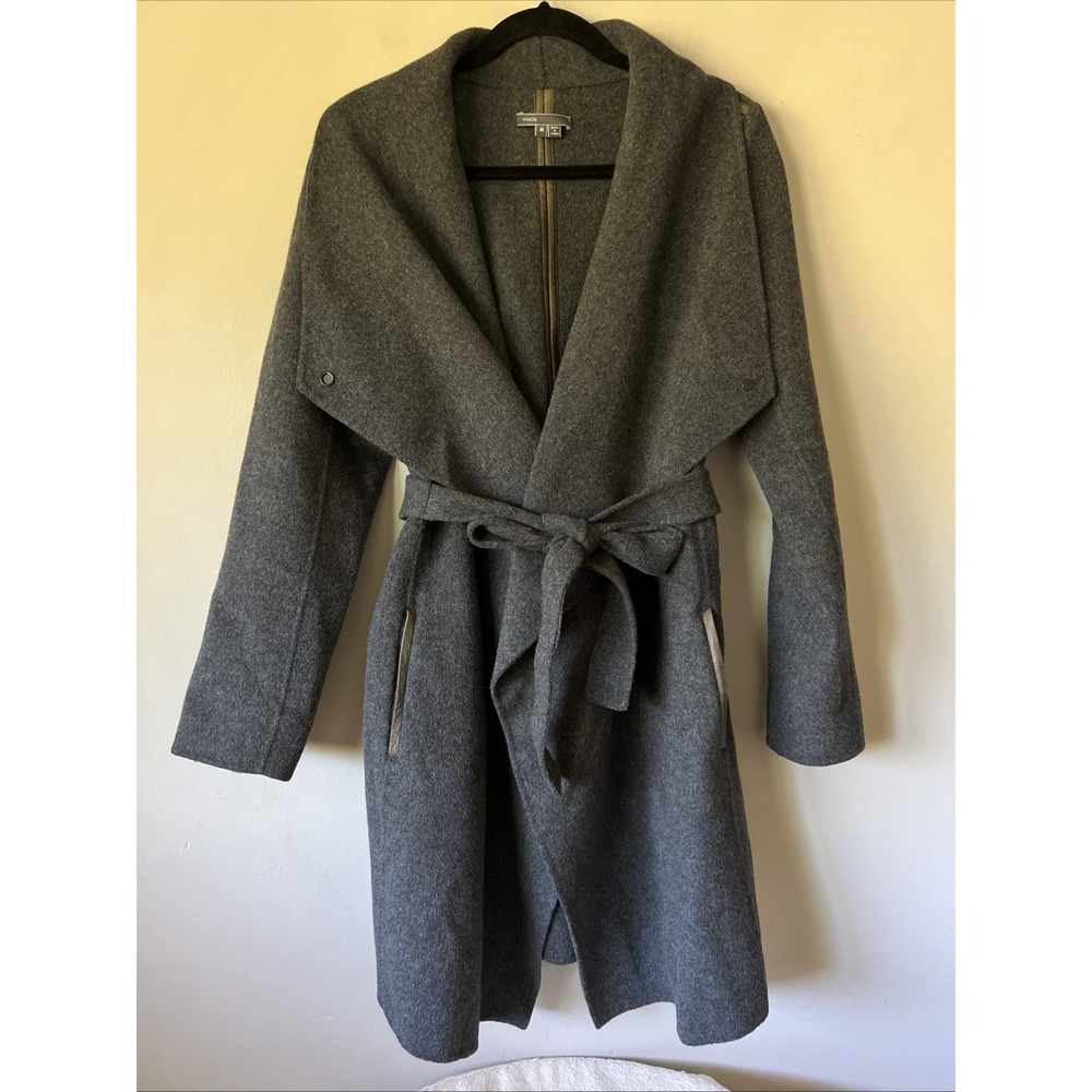 Vince Womens Gray Wool Blend Coat Draped Front Waist Tie Leather Trim Size M